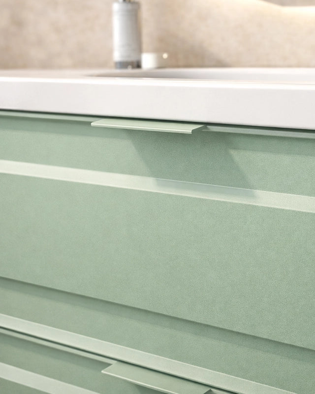 Mobile bagno salvia opaco 102x47 Dublino con lavabo in, dettaglio ravvicinato della finitura e del cassetto - Exagonshop
