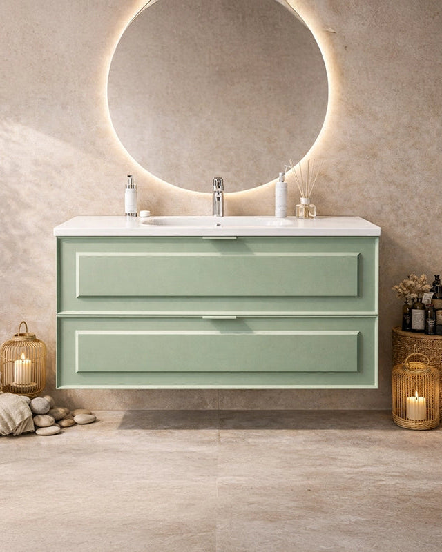 Mobile bagno salvia opaco 82x47 Dublino con lavabo in in ceramica e naturale con lavabo e rubinetteria, vista frontale su...