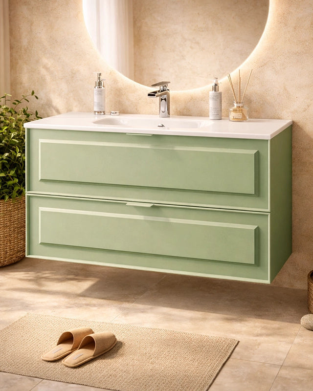 Mobile bagno salvia opaco 82x47 Dublino con lavabo in ambientato in bagno moderno con specchio e accessori - Exagonshop