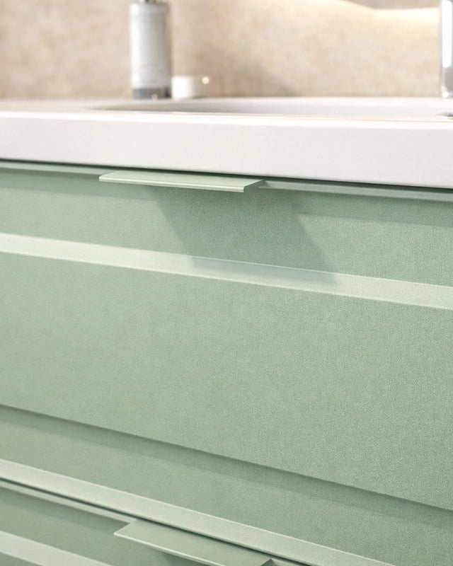 Mobile bagno salvia opaco 82x47 Dublino con lavabo in, dettaglio ravvicinato della finitura e del cassetto - Exagonshop