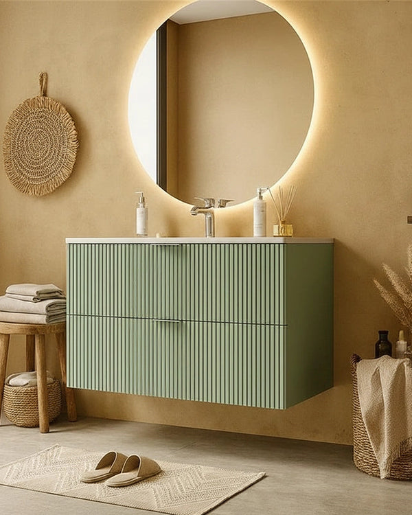 Mobile bagno salvia opaco 82x47 cannettato Teramo con ambientato in bagno moderno con specchio e accessori - Exagonshop