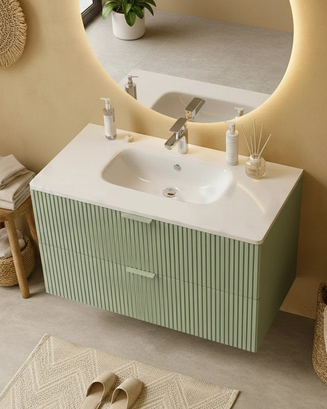Mobile bagno salvia opaco 82x47 cannettato Teramo con, vista dall'alto del piano con lavabo - Exagonshop