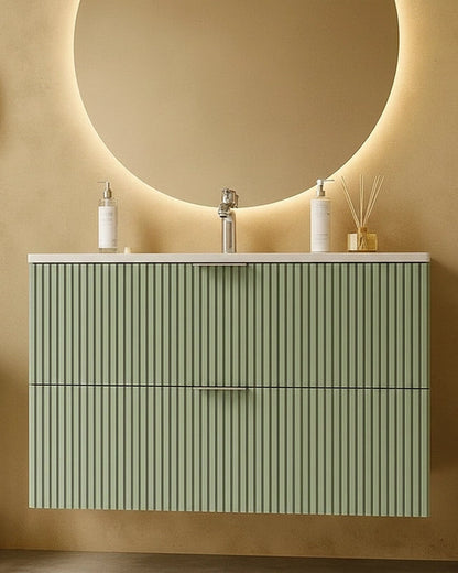 Mobile bagno salvia opaco 82x47 cannettato Teramo con, dettaglio ravvicinato della finitura e del cassetto - Exagonshop