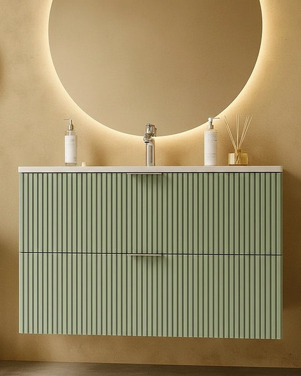 Mobile bagno salvia opaco 82x47 cannettato Teramo con, dettaglio ravvicinato della finitura e del cassetto - Exagonshop