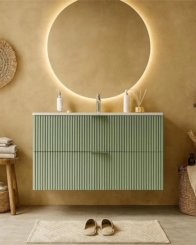 Mobile bagno salvia opaco 82x47 cannettato Teramo con in ceramica e lucido con lavabo e rubinetteria, vista frontale su...