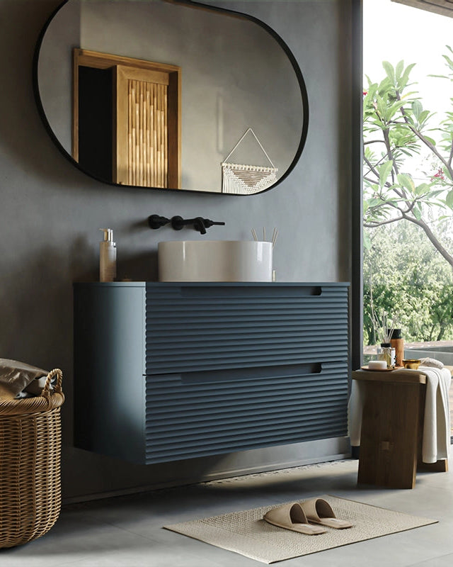 Mobile bagno sky blue 80x45 Mango lavabo tondo da appoggio Avio, vista dall'alto del piano con lavabo - Exagonshop