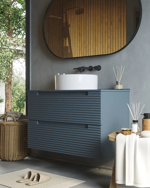 Mobile bagno sky blue 100x45 Mango lavabo tondo da appoggio, dettaglio ravvicinato della finitura e del cassetto - Exagonshop