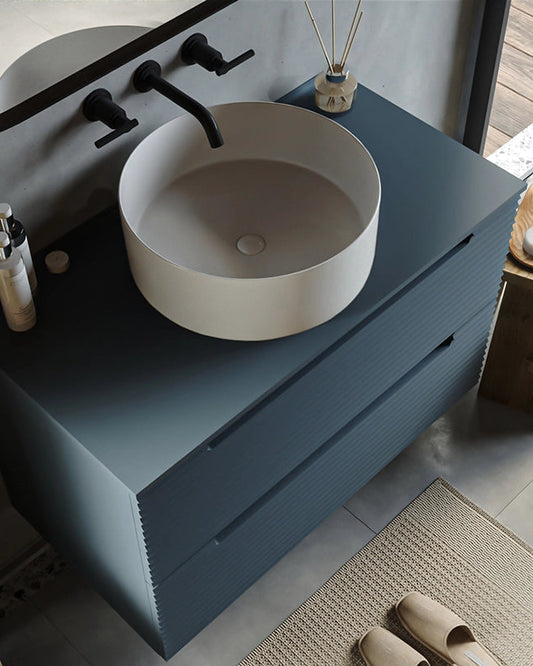 Mobile bagno sky blue 100x45 Mango lavabo tondo da appoggio, vista dall'alto del piano con lavabo - Exagonshop