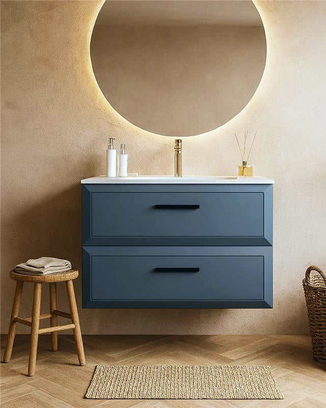 Mobile bagno sky blue 100x45 Praga lavabo in ceramica lucido con lavabo e rubinetteria, vista frontale su sfondo neutro...
