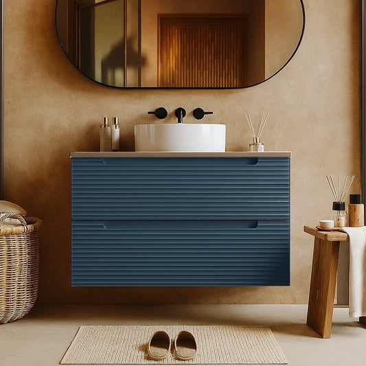 Mobile bagno sky blue 80x45 Mango soft close con top noce e lavabo da appoggio in ceramica lucida