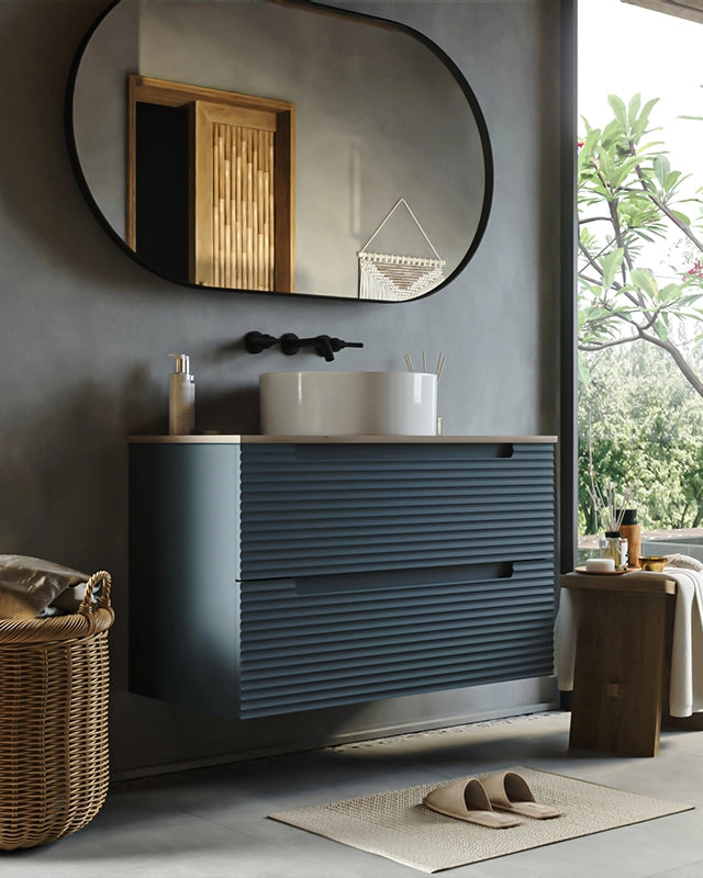 Mobile bagno sky blue 80x45 Mango top noce e lavabo da, vista laterale della struttura sospesa - Exagonshop