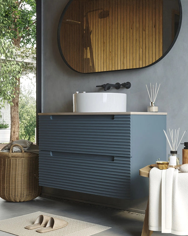 Mobile bagno sky blue 80x45 Mango top noce e lavabo da, dettaglio ravvicinato della finitura e del cassetto - Exagonshop