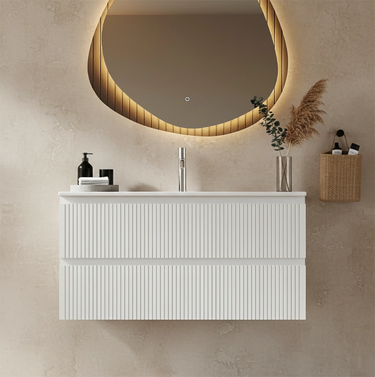 Mobile bagno sospeso 100 cm bianco opaco cannettato con lavabo Pisa