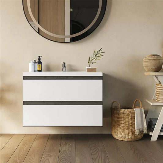 Mobile bagno 80x46 stone bianco lucido Milo a due cassetti con lavabo ad incasso