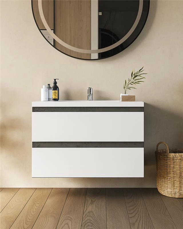 Mobile bagno 80x46 stone bianco lucido Milo lavabo lucido Bianco stone con lavabo e rubinetteria, vista frontale su...