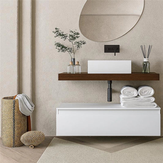 Mobile bagno tabacco bianco lucido 80x50 Oasy un cassetto con top e lavabo rettangolare da appoggio