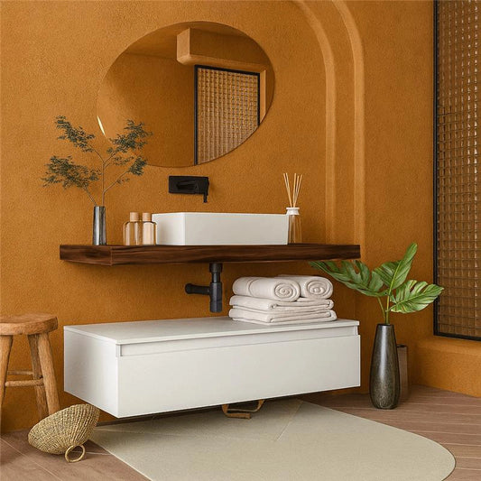 Mobile bagno tabacco bianco opaco 120x50 Oasy un cassetto con top e lavabo rettangolare da appoggio