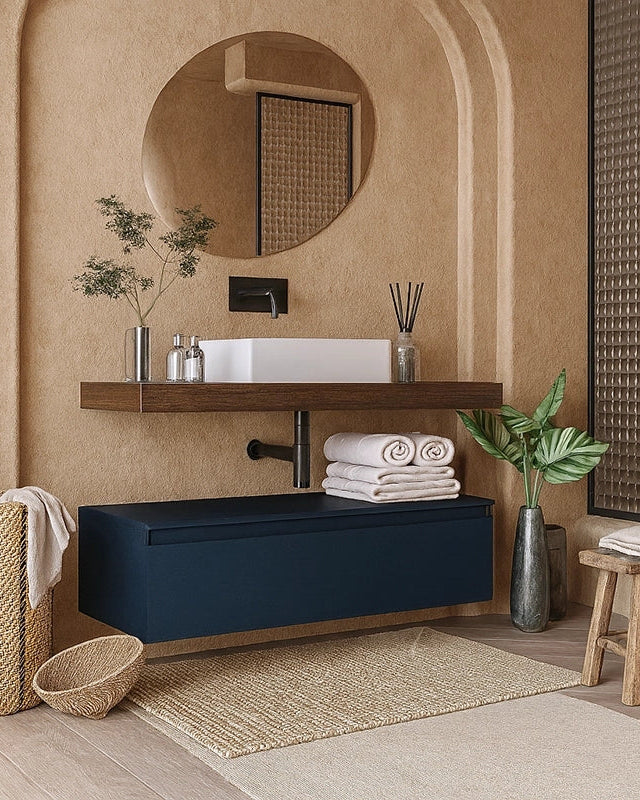 Mobile bagno 80x50 tabacco blu opaco Oasy con top e lavabo in ceramica e lucido con lavabo e rubinetteria, vista frontale...