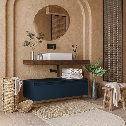 Mobile bagno tabacco blu opaco 80x50 Oasy un cassetto con top e lavabo rettangolare da appoggio