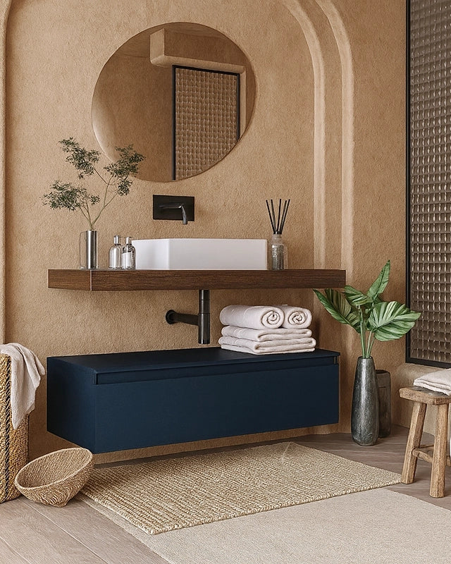 Mobile bagno 120x50 tabacco blu opaco Oasy con top e lavabo con lavabo e rubinetteria, vista frontale su sfondo neutro...