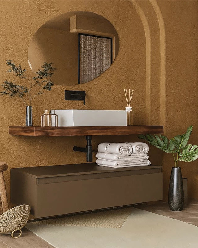 Mobile bagno tabacco creta Opaco 120x50 Oasy con top e con lavabo e rubinetteria, vista frontale su sfondo neutro...