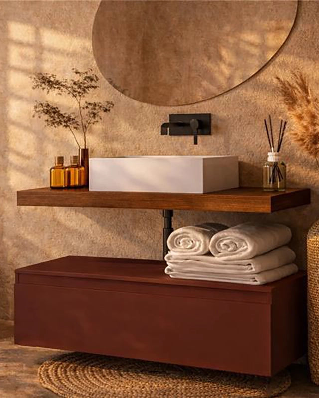 Mobile bagno 80x50 tabacco ruggine opaco Oasy con top e, vista dall'alto del piano con lavabo - Exagonshop