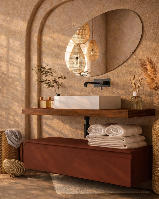 Mobile bagno 80x50 tabacco ruggine opaco Oasy con top e in naturale con lavabo e rubinetteria, vista frontale su sfondo...