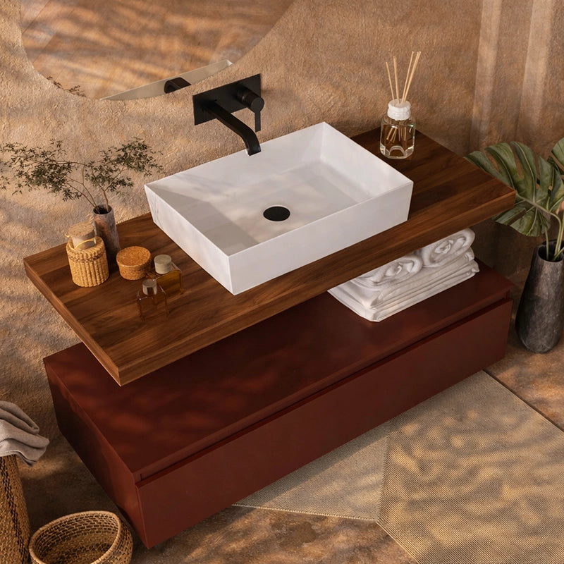 Mobile bagno 80x50 tabacco ruggine opaco Oasy con top e ambientato in bagno moderno con specchio e accessori - Exagonshop