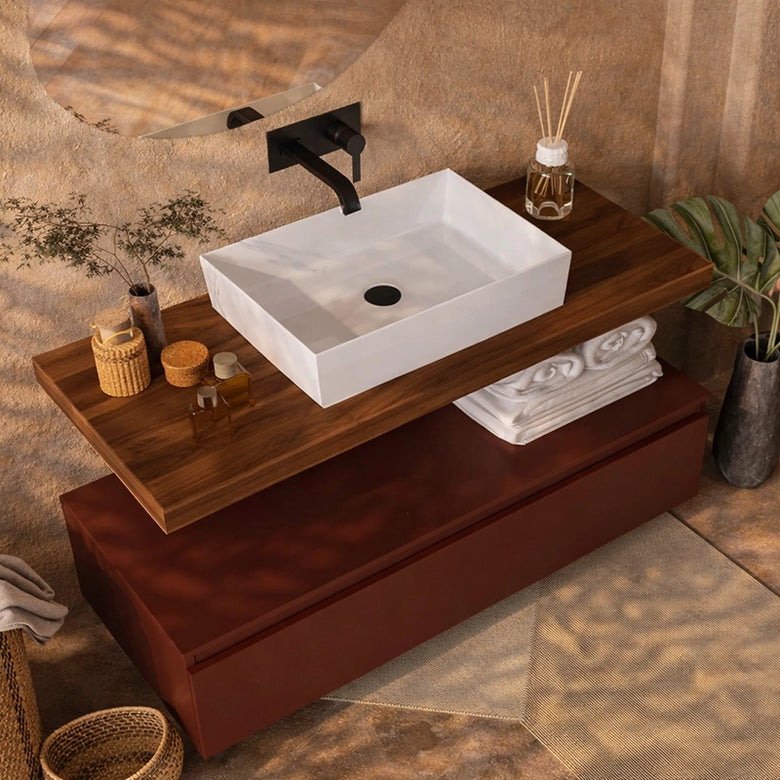 Mobile bagno 80x50 tabacco ruggine opaco Oasy con top e ambientato in bagno moderno con specchio e accessori - Exagonshop