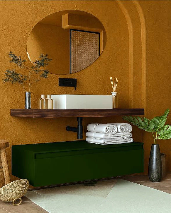 Mobile bagno Tabacco Verde opaco 80x50 Oasy con top e in ceramica e lucido con lavabo e rubinetteria, vista frontale su...