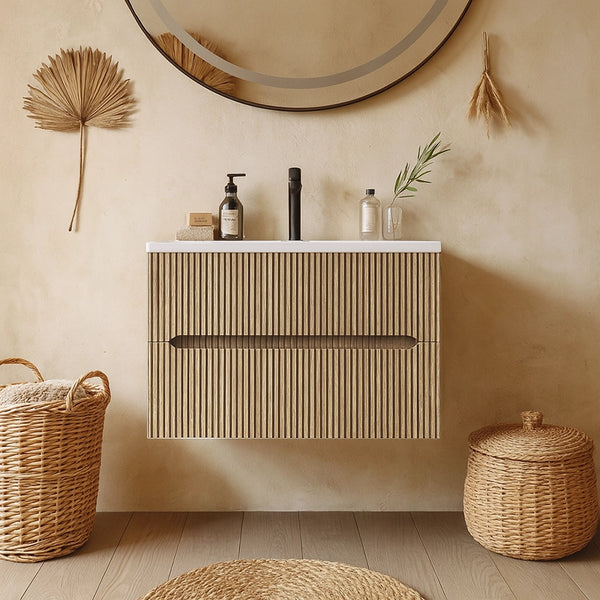 Mobile bagno teak 70x46 cannettato Urbino due cassetti con lavabo in ceramica