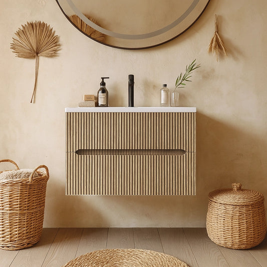 Mobile bagno teak 60x46 cannettato Urbino due cassetti con lavabo in ceramica