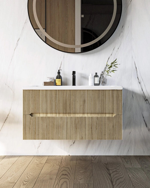 Mobile bagno teak 90x46 cannettato Urbino con lavabo in ceramica lucida