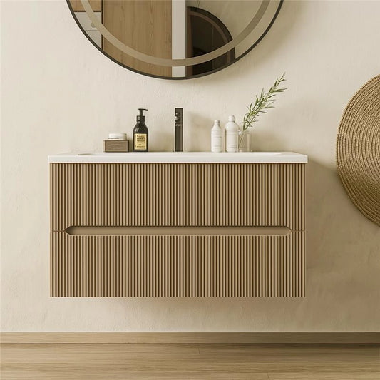 Mobile bagno tortora opaco 90x46 cannettato Urbino due cassetti con lavabo in ceramica