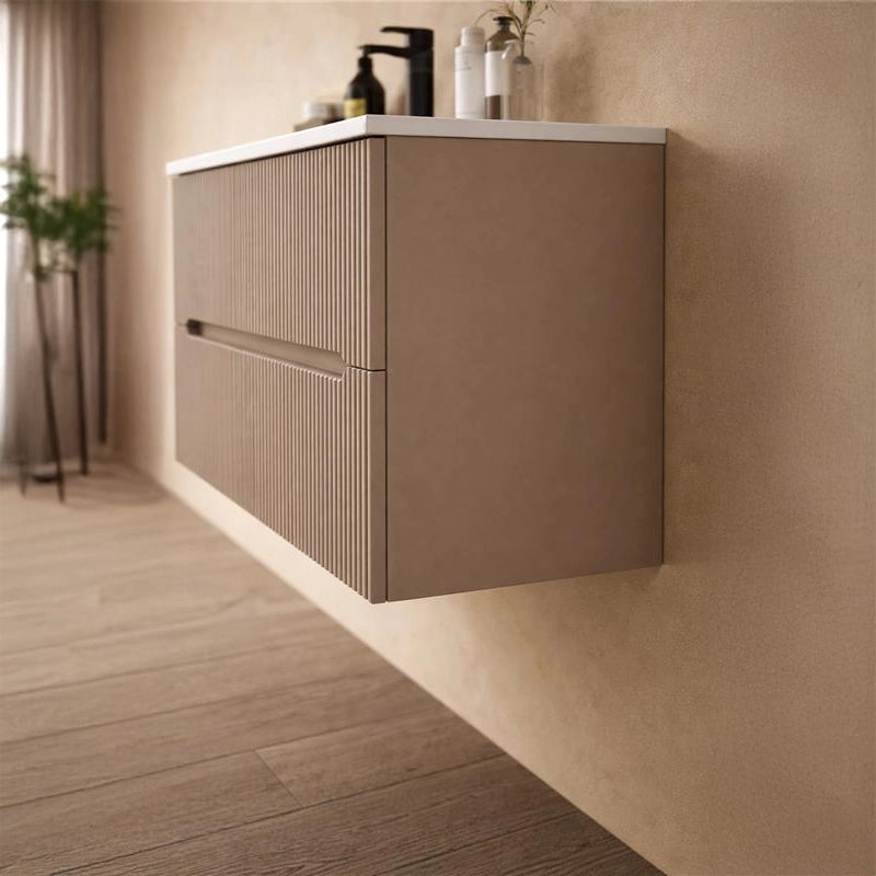 Mobile bagno tortora opaco 60x46 cannettato Urbino lavabo, dettaglio ravvicinato della finitura e del cassetto - Exagonshop