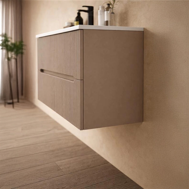 Mobile bagno tortora opaco 60x46 cannettato Urbino lavabo, dettaglio ravvicinato della finitura e del cassetto - Exagonshop
