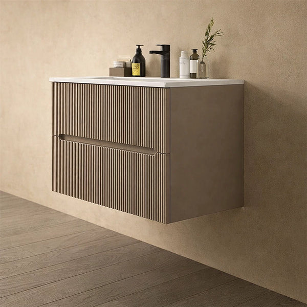 Mobile bagno tortora opaco 60x46 cannettato Urbino lavabo ambientato in bagno moderno con specchio e accessori - Exagonshop