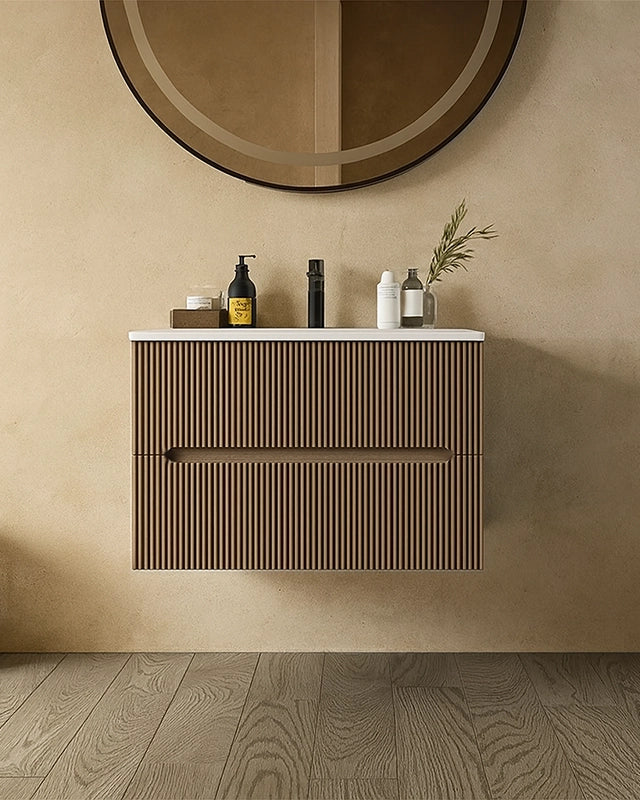 Mobile bagno tortora opaco 70x46 cannettato Urbino con con lavabo e rubinetteria, vista frontale su sfondo neutro...