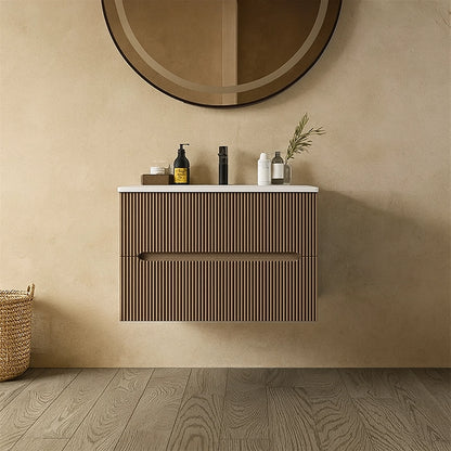 Mobile bagno tortora opaco 70x46 cannettato Urbino due cassetti con lavabo in ceramica