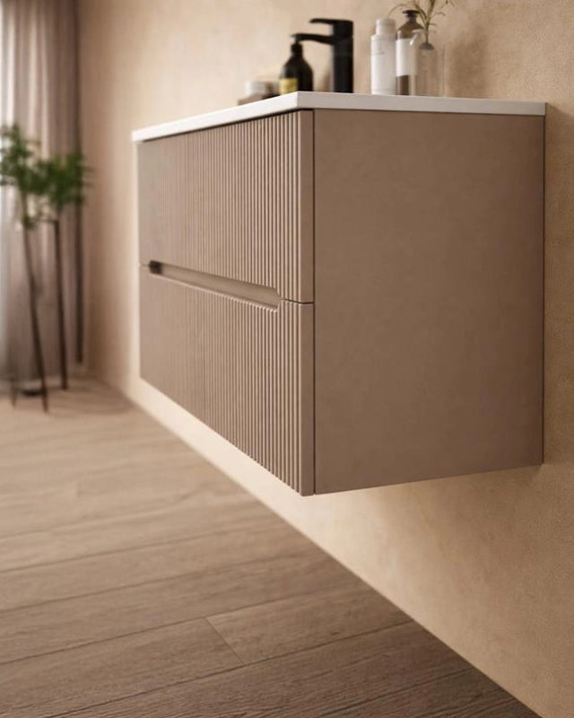 Mobile bagno tortora opaco 70x46 cannettato Urbino con, vista dall'alto del piano con lavabo - Exagonshop