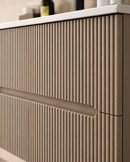 Mobile bagno tortora opaco 90x46 cannettato Urbino con, dettaglio ravvicinato della finitura e del cassetto - Exagonshop