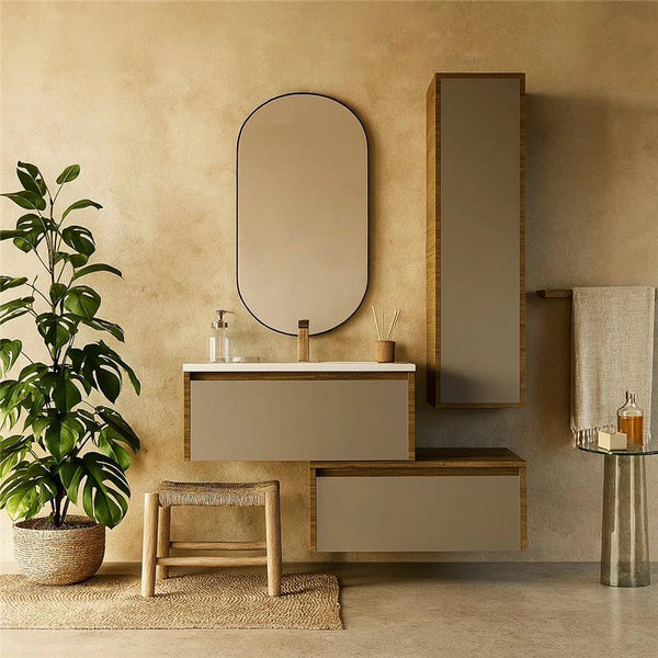 Mobile bagno tortora opaco 80x47 Siena due cassetti con colonna ad anta e lavabo integrato noce
