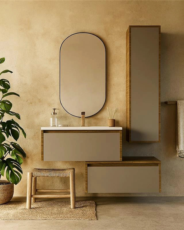Mobile bagno tortora opaco noce 80x47 Siena con colonna e Noce Tortora Opaco con lavabo e rubinetteria, vista frontale su...