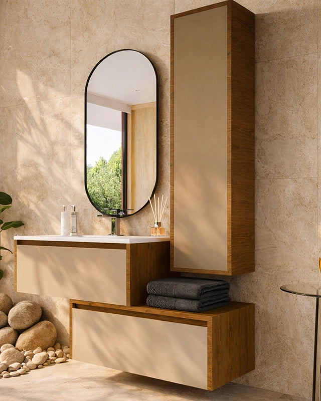 Mobile bagno tortora opaco noce 80x47 Siena con colonna e Noce Tortora Opaco ambientato in bagno moderno con specchio e...