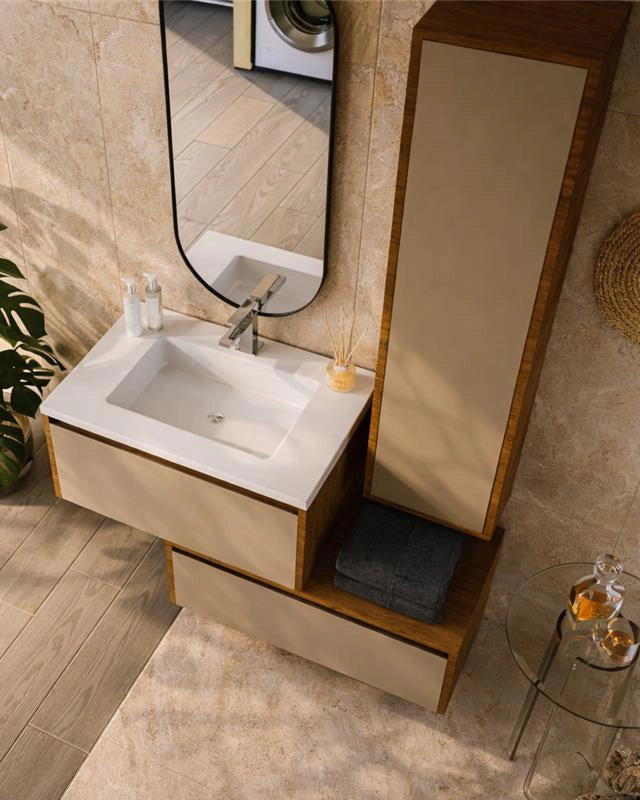 Mobile bagno tortora opaco noce 80x47 Siena con colonna e Noce Tortora Opaco, vista dall'alto del piano con lavabo...