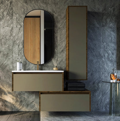 Mobile bagno tortora opaco 80x47 Siena due cassetti con colonna ad anta e lavabo integrato noce
