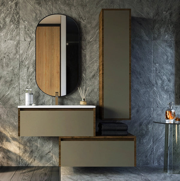 Mobile bagno tortora opaco 80x47 Siena due cassetti con colonna ad anta e lavabo integrato noce
