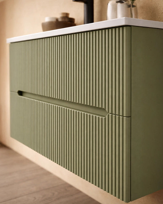 Mobile bagno verde muschio 60x46 cannettato Urbino con, vista dall'alto del piano con lavabo - Exagonshop