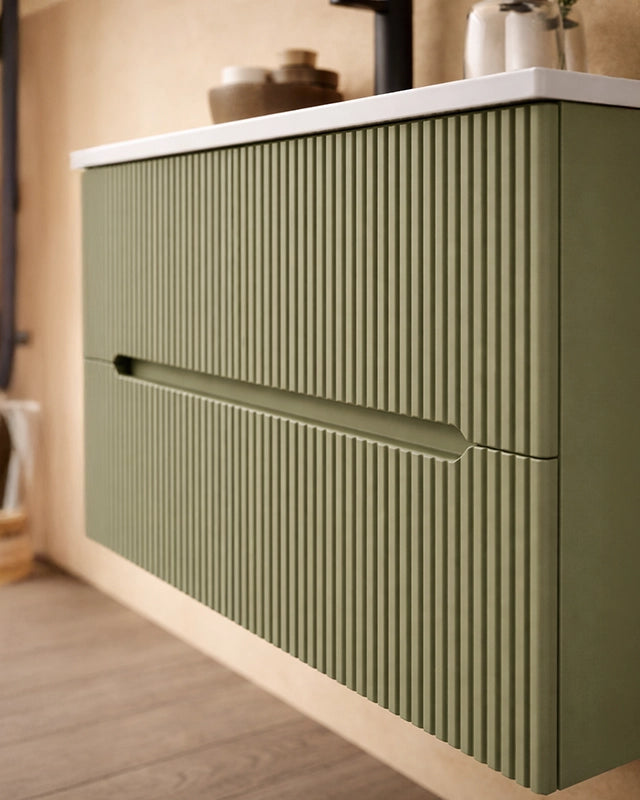 Mobile bagno verde muschio 70x46 cannettato Urbino con, vista dall'alto del piano con lavabo - Exagonshop