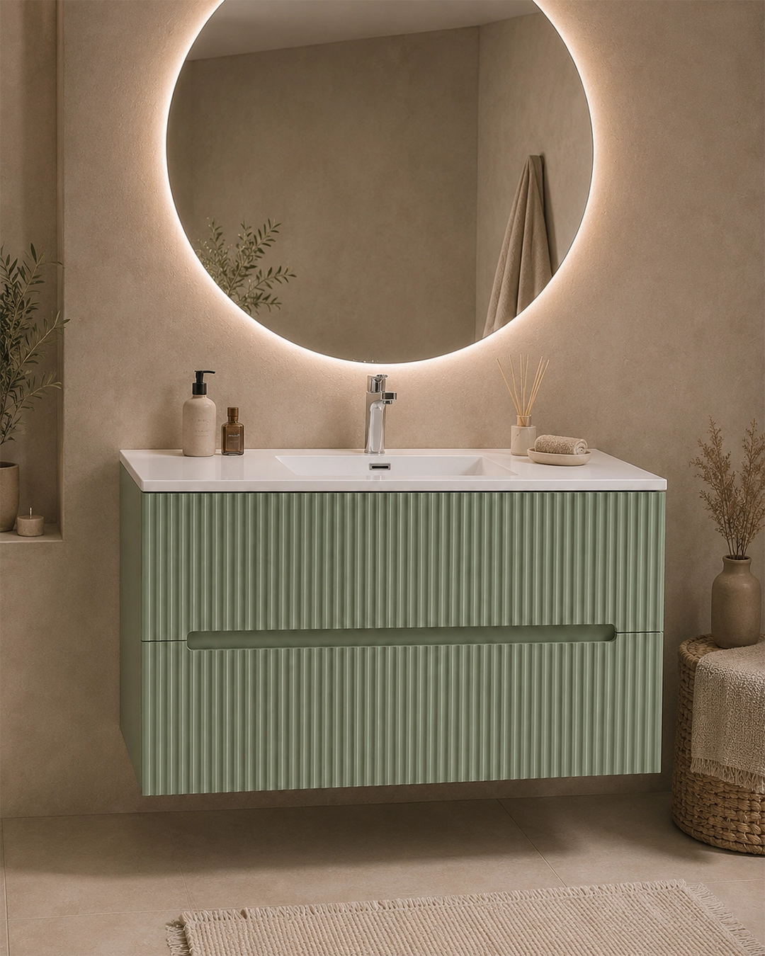 Mobile bagno verde opaco 100x46 cannettato Urbino 2.0 con lavabo in resina